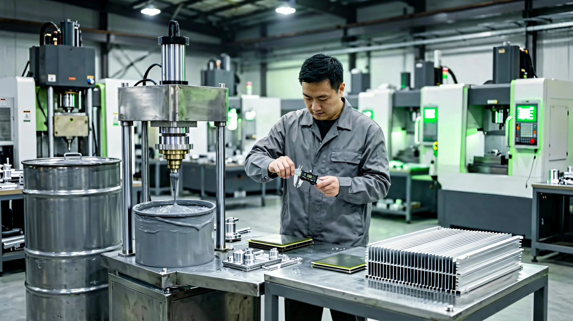 A Lianxin production floor: an engineer measuring a thermally conductive gap pad at a stainless steel dispensing and mixing station, with hydraulic presses and CNC machining centres behind.